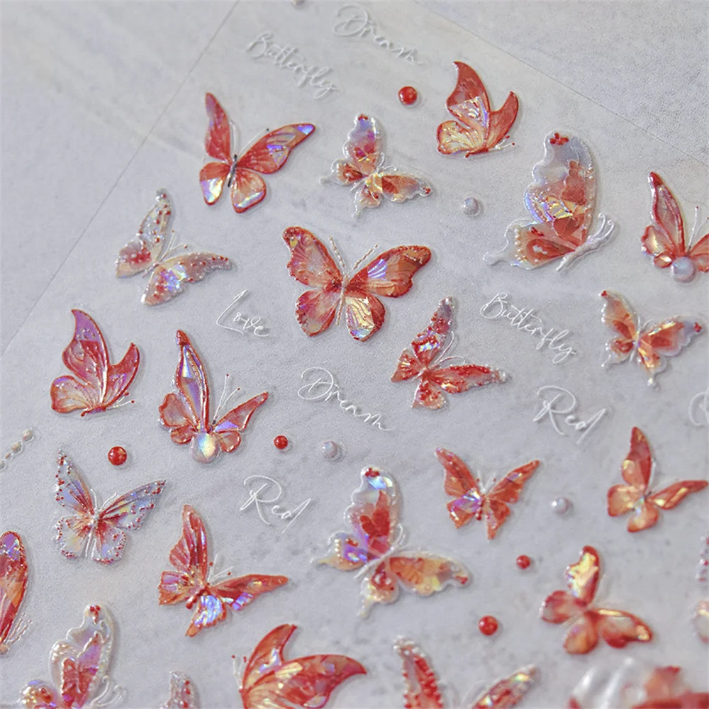 5D Brilhante Shell Aurora Borboleta Prego Adesivos, Red Nail Art Decoração Decalques, DIY Manicure Slider Folha, Alta Qualidade, Kawaii, 1Pc