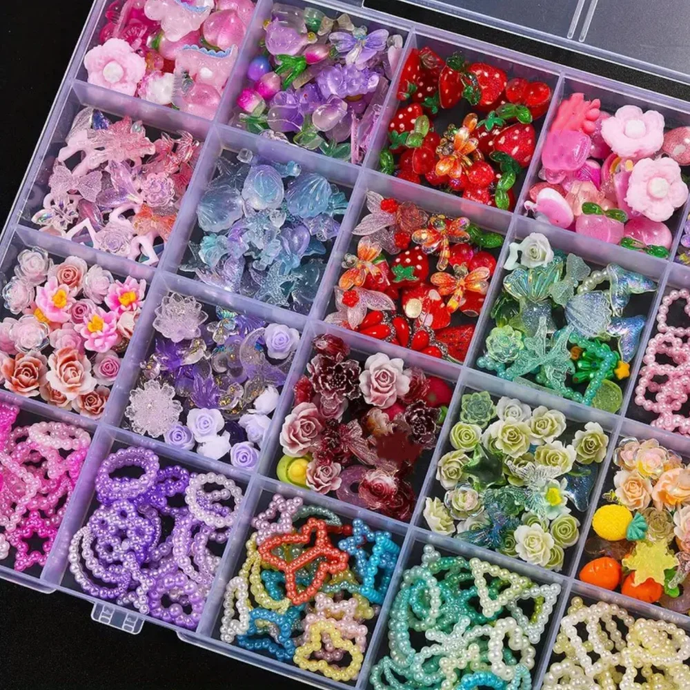 

24Grids/Box Butterfly Cherry Simulated Pearl Nail Art Accessories Multi-Style Colorful Resin Bow Flower Nail Charms for DIY *ZB#