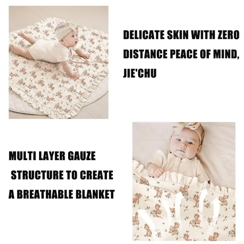 97BE 100x90cm Floral Trim Infant Swaddles Blanket Cotton Fabric for Strollers or Crib