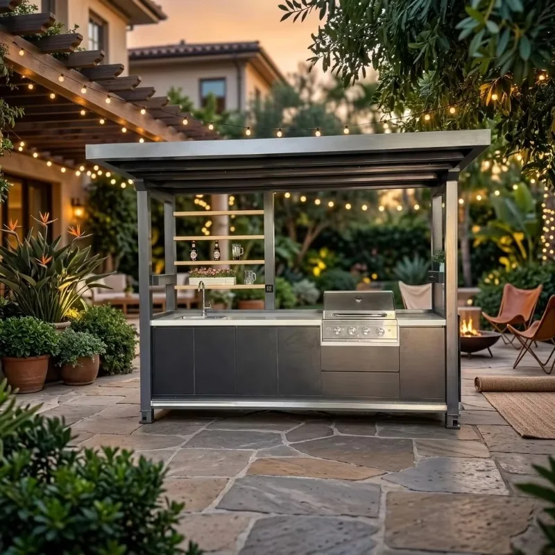 Modular outdoor kitchen, multi-function grill with LED lighting, suitable for commercial use in the backyard