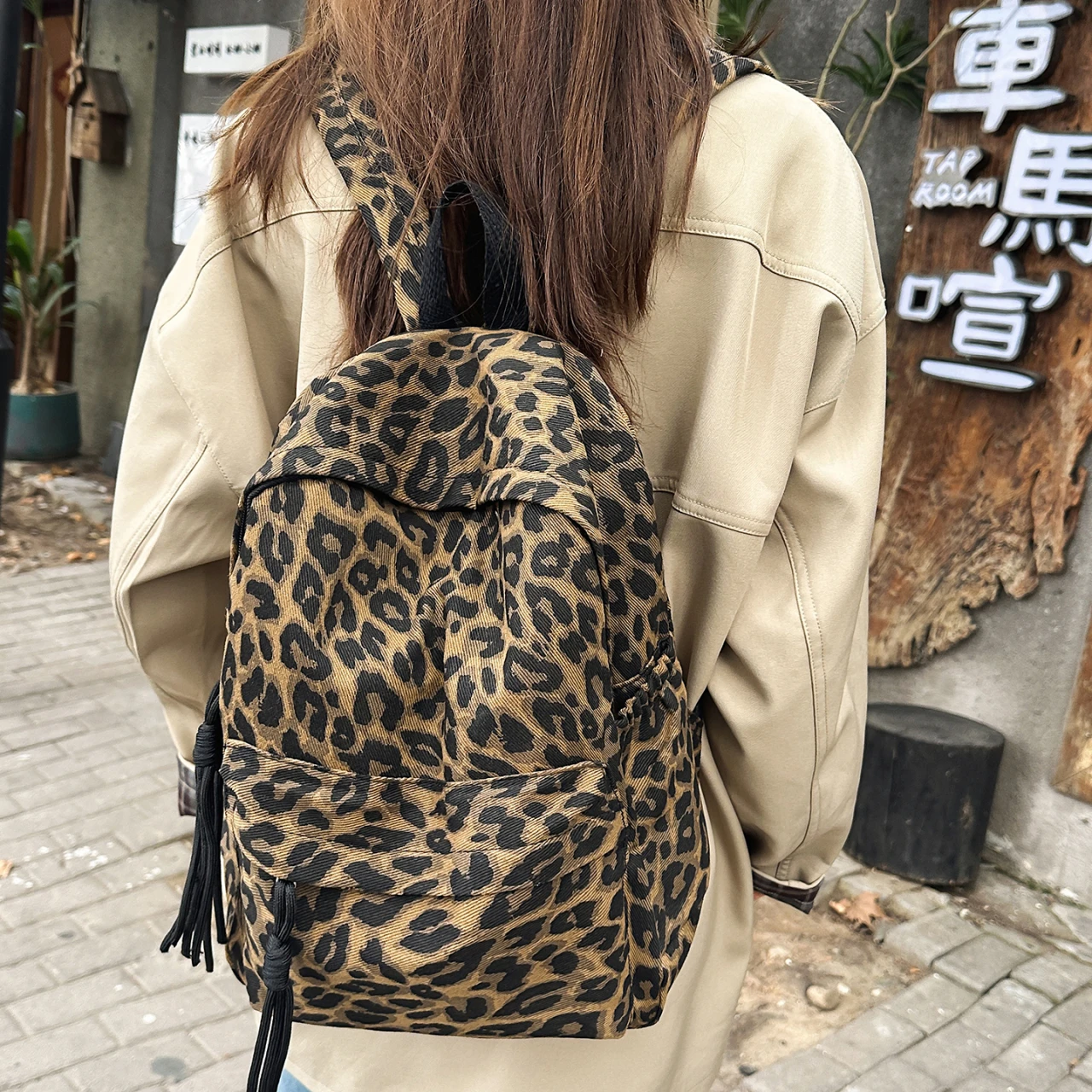 Women's Leopard Print Canvas Backpack Drawstring Decor Adjustable Strap Casual Daily School Travel Bag 2026 New Trend Back Pack