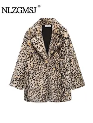 TRAF 2024 Autumn Winter Vintage Chic Women Leopard Fur Jackets Warm Long Sleeve Button Pockets Loose Coats Fashion Outwears