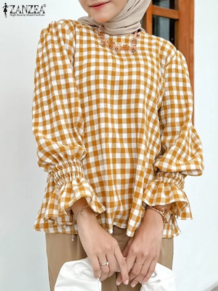 2025 ZANZEA Fashion Women Long Sleeve Plaid Checked Blouse Autumn Ruffle Tops Casual Holiday Shirt Muslim Abaya Blusas Oversize