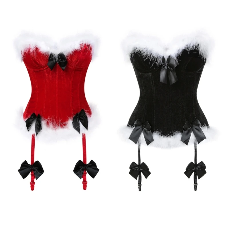 

Women Sexy Christmas Santa Costume Bustier Corset Crop Top Lady Feather Trimming Corset Bowknot Bustier Strapless Velvet Vest