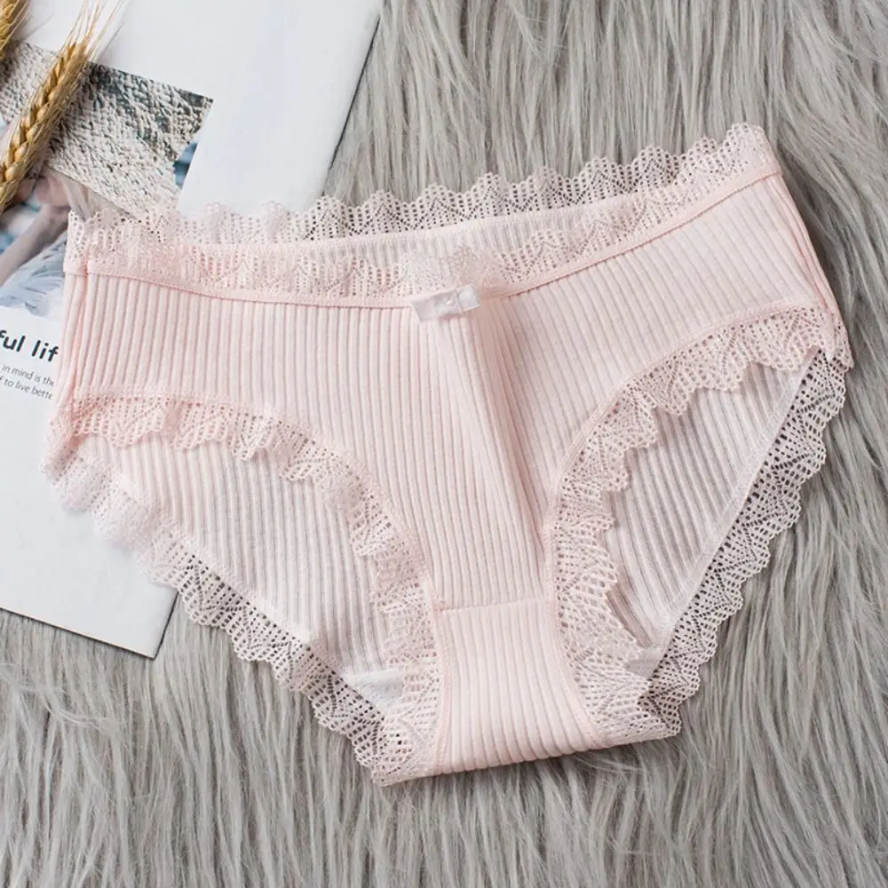 

Breathable Stripe Lace Bowk Briefs Underwear Solid Color Mid Waist Panties Cotton Crotch Large Size Female Underpants Girl