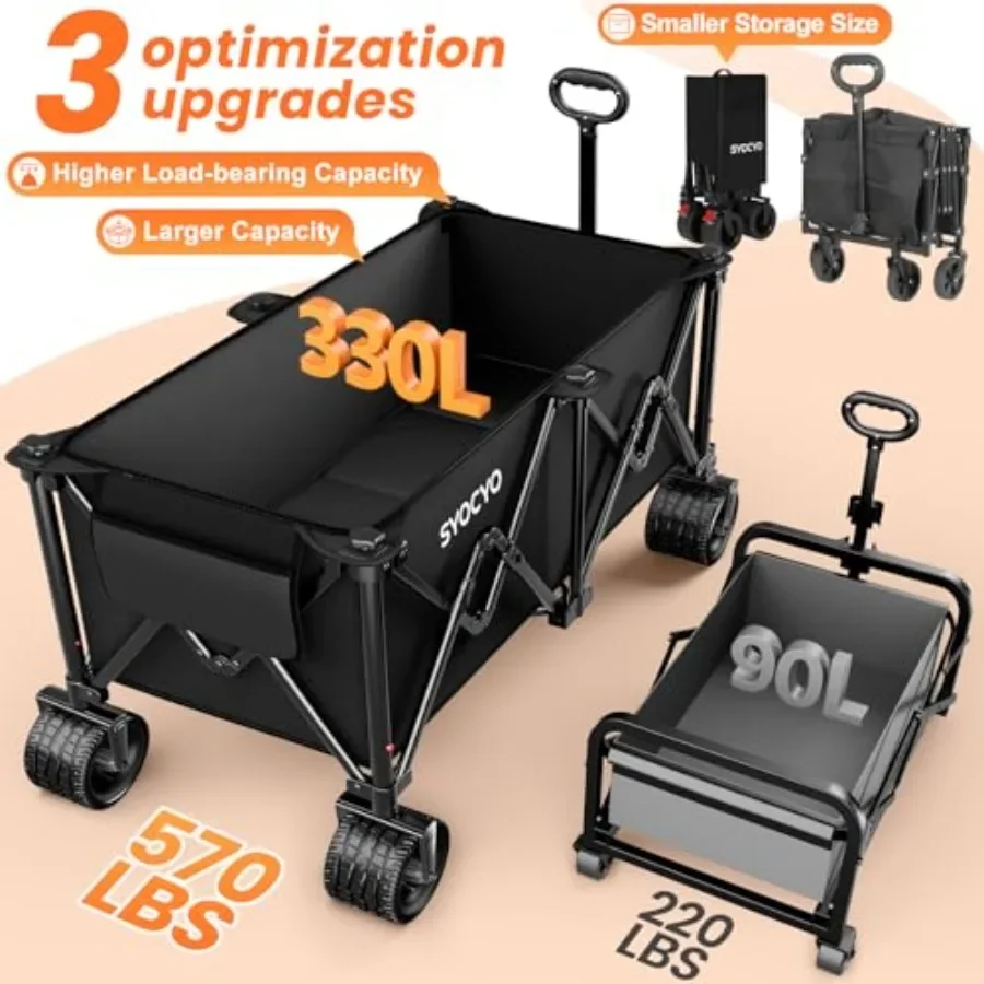Beach Wagon Carts Foldable 570LBS Collapsible Wagon with Big All-Terrain Wheels for Sand 330L Heavy Duty Utility Carts with Cup
