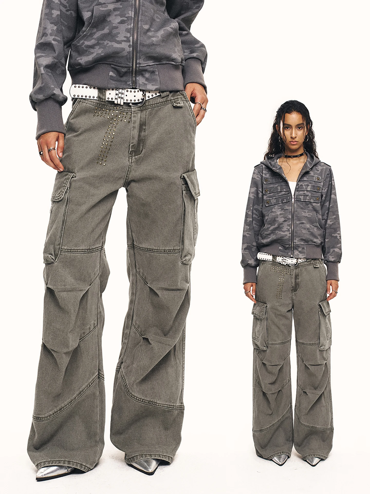 American Style Work Pants Women's Retro Trendy Design Sense Small Straight Casual Pants Cross Rivet Natural Waist Zipper