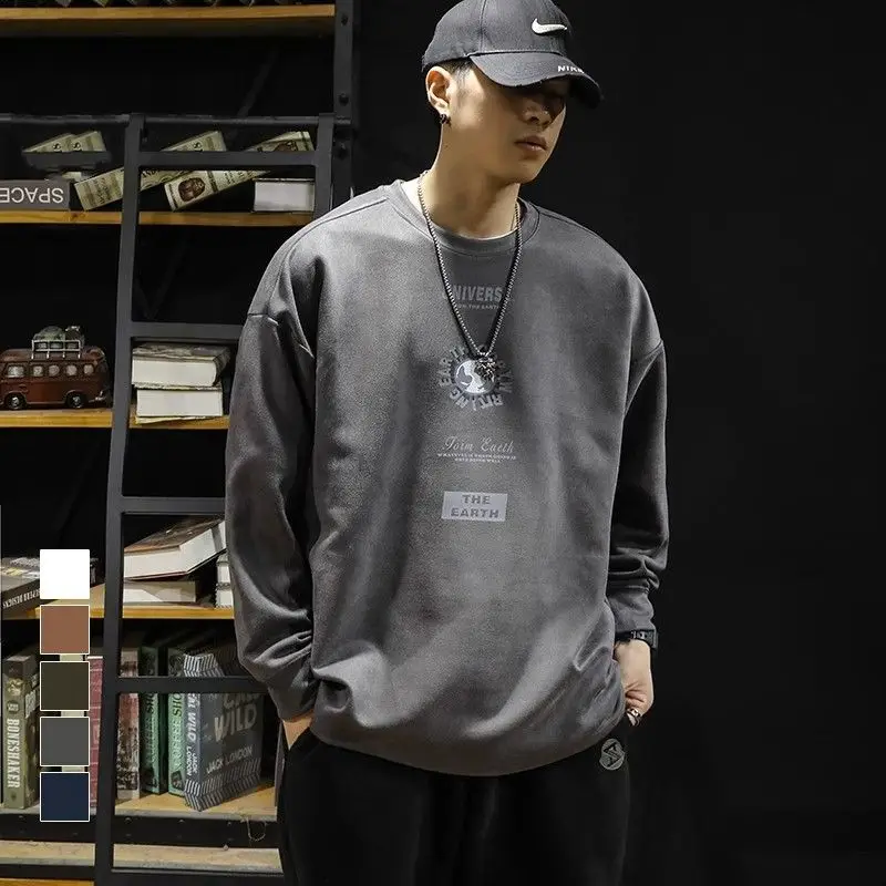 

Замшевая футболка с круглым вырезом и длинными рукавами, весна и осень, модная брендовая свободная универсальная базовая рубашка, модный повседневный пуловер, топ