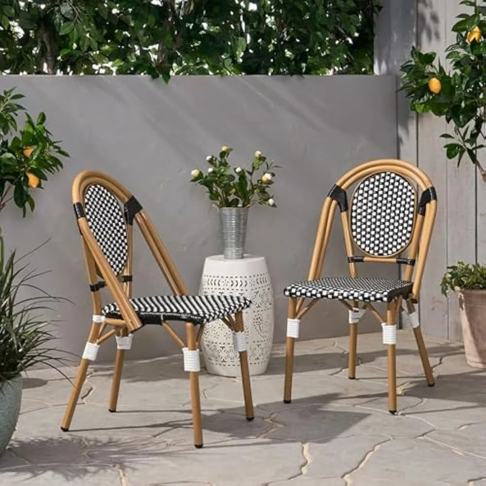 

Indoor Outdoor Bistro Chair Set of 2, Lightweight Garden Chairs with Weather Resistant PE Rattan Back and Seat, Natural Bamboo P