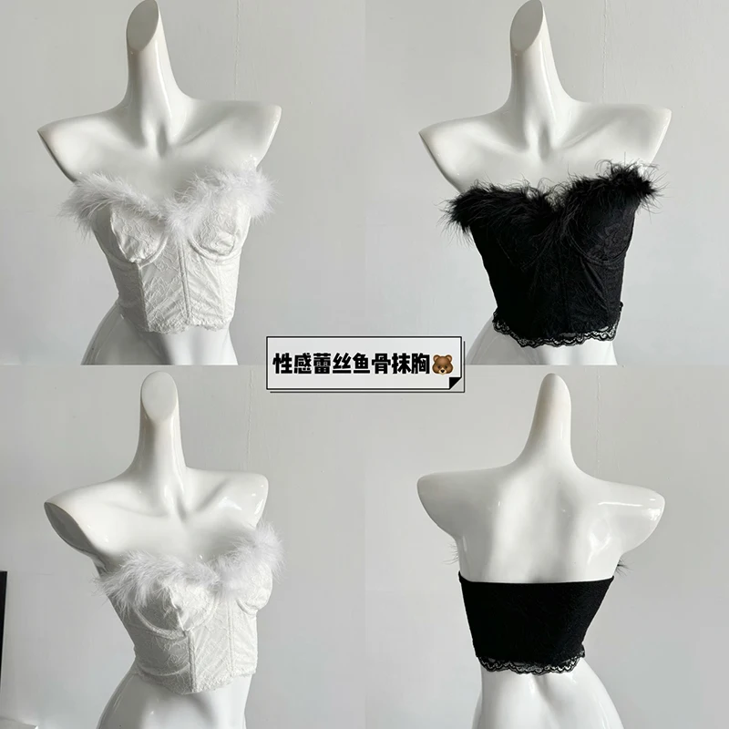 Fashion Women's Furry Trim Corset Tube Tops Solid Color Sleeveless Strapless Bustier Bandeau Crop Tops Vintage Chic Tank Top