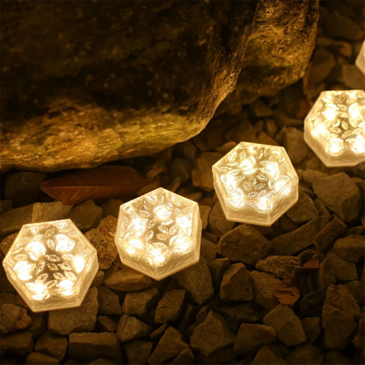 Ab51 4 pçs luzes de deck solar ao ar livre à prova dwaterproof água luzes do jardim pátio passo hexagonal enterrado decoração iluminação (branco quente)