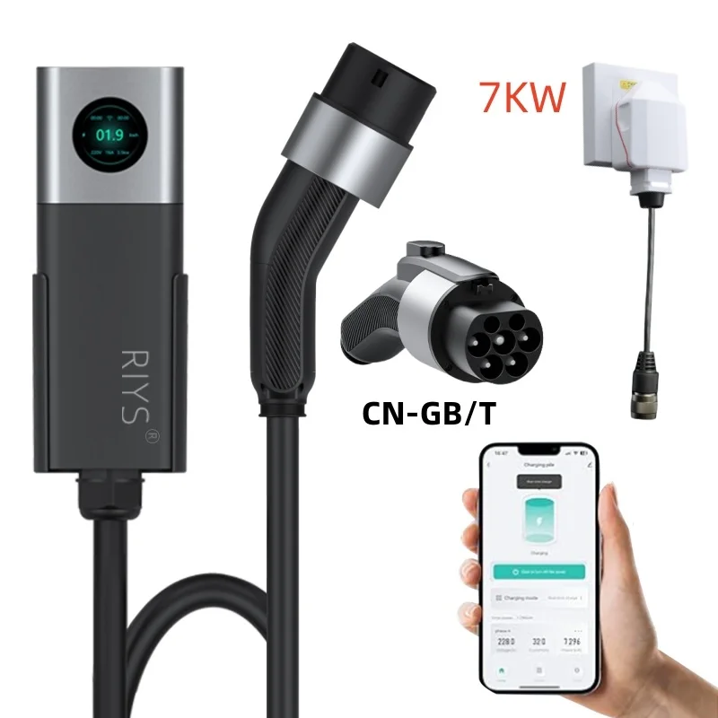 

EV-Ladegerät RIYS GBT, WIFI-APP-Steuerung, 32 А, 7 кВт, GBT, 7-метровый кабель, Type 2, Tragbares Ladebox-Set, Lade-and DelayTime for EV-A