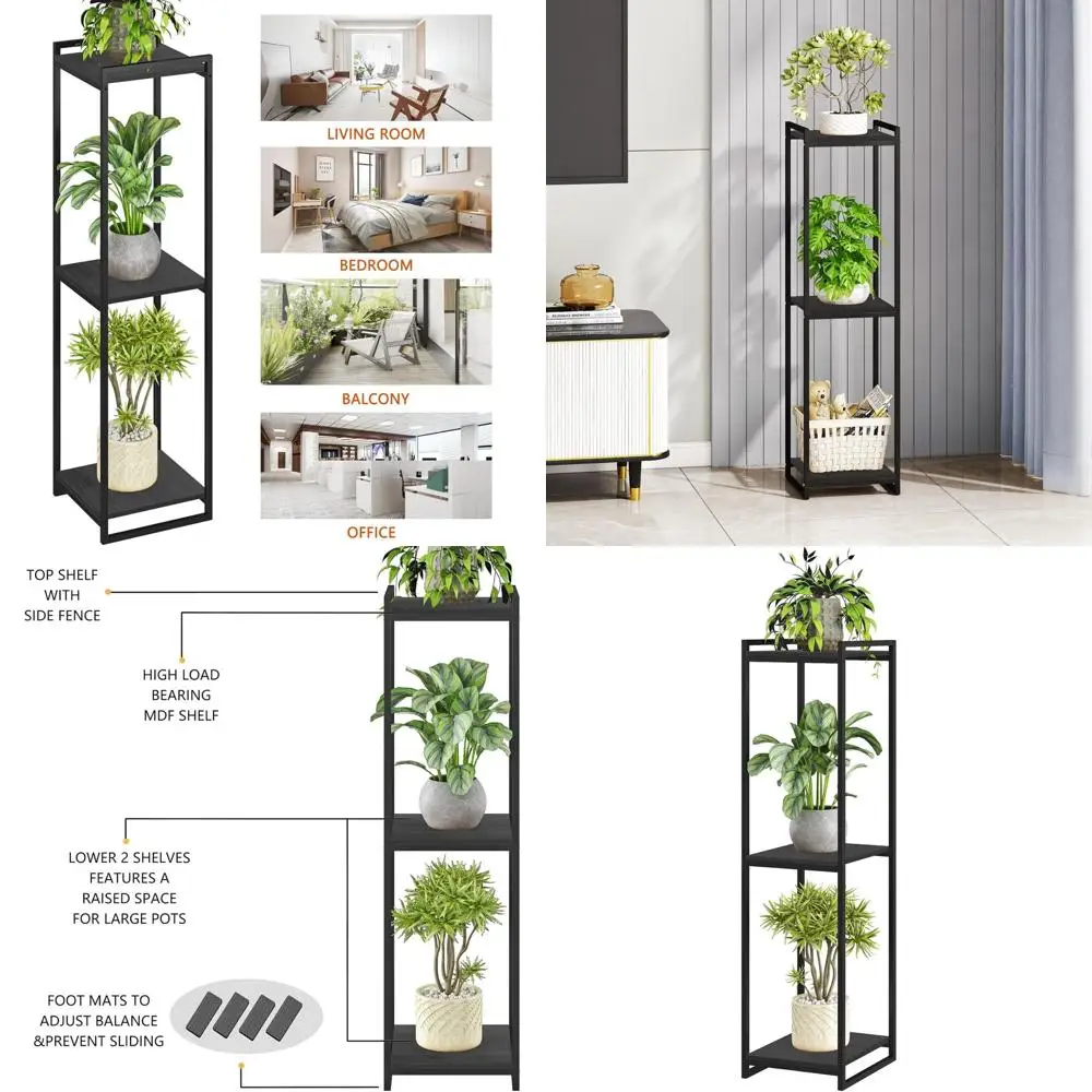 

Трехъярусная подставка для растений черного цвета (45 см) с держателями для горшков для гостиной или балкона