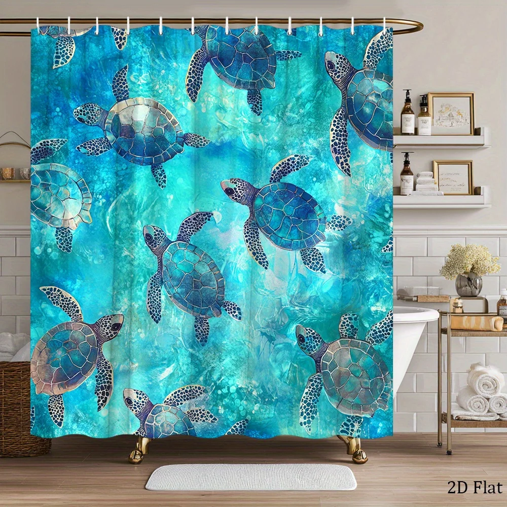 1pc Sea Turtles Shower Curtain - Turquoise Water Mosaic Oceanic Design with 5 Turtles, Polyester Fabric, 70.8x70.8 Inches, 12 Ho