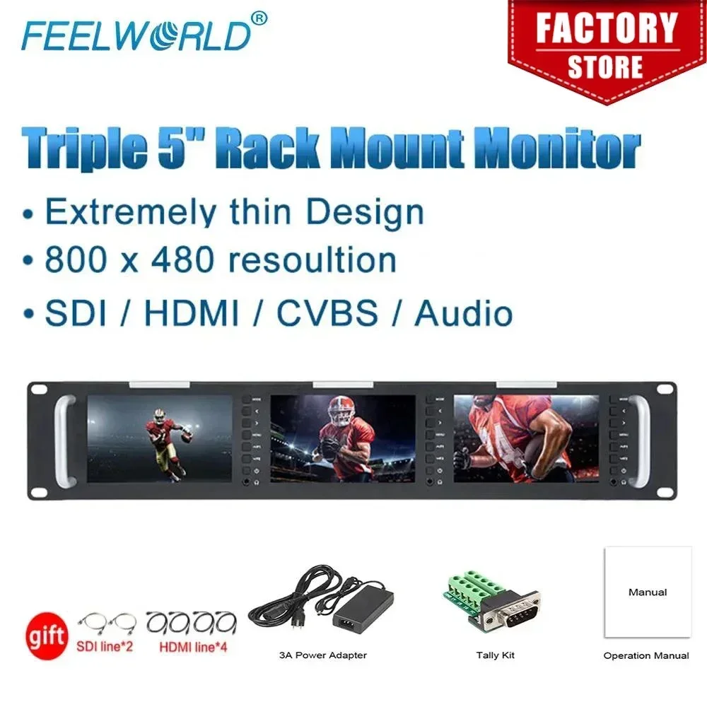 Feelworld T51 Triple 5 inch 2RU Broadcast SDI Rack Mount Monitor Field Video LCD Screen 800x400 3G SDI HDMI AV Input and Output