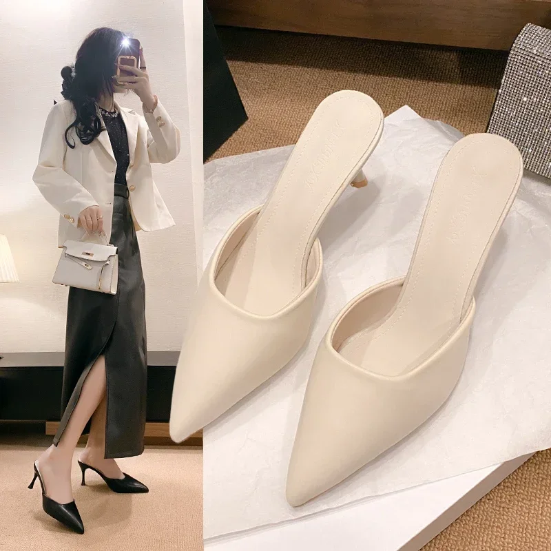 2024 New Comfortable Thin Heel High Heels Women\'s Summer Pointed Shallow Mouth Slippers Fashion and Elegant Dress Shoes