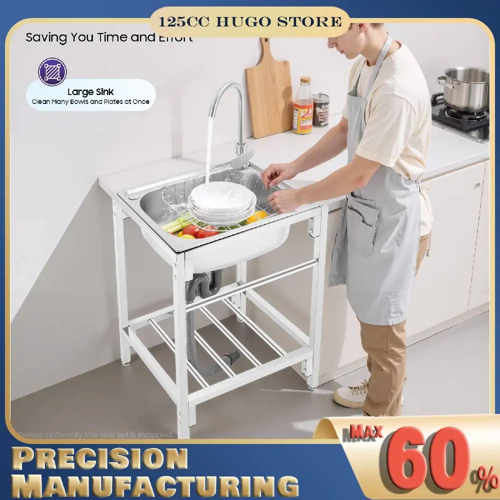 

Freestanding Kitchen Sink Stainless Steel Commercial Sink With Faucet, High Load-bearing Capacity Practical Single Bowl Sink