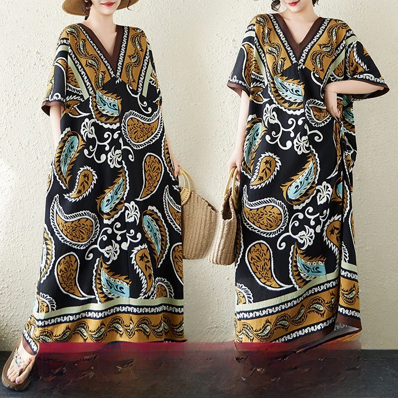 

Slimming Loose Cotton V-Neck Short Sleeve Draped Print Dress Women's City Walk Artistic Style Summer Long Dress