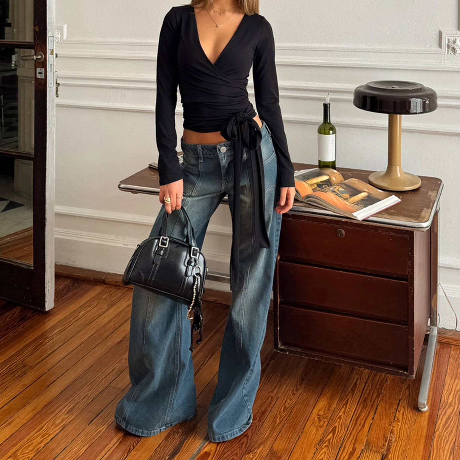 

Women's Autumn y2k Vintage Yoga Coquette Deep V Neck Crop Tops Sexy Long Sleeve Solid Color Slim Fit Wrap Tie Knot T-Shirts Tees