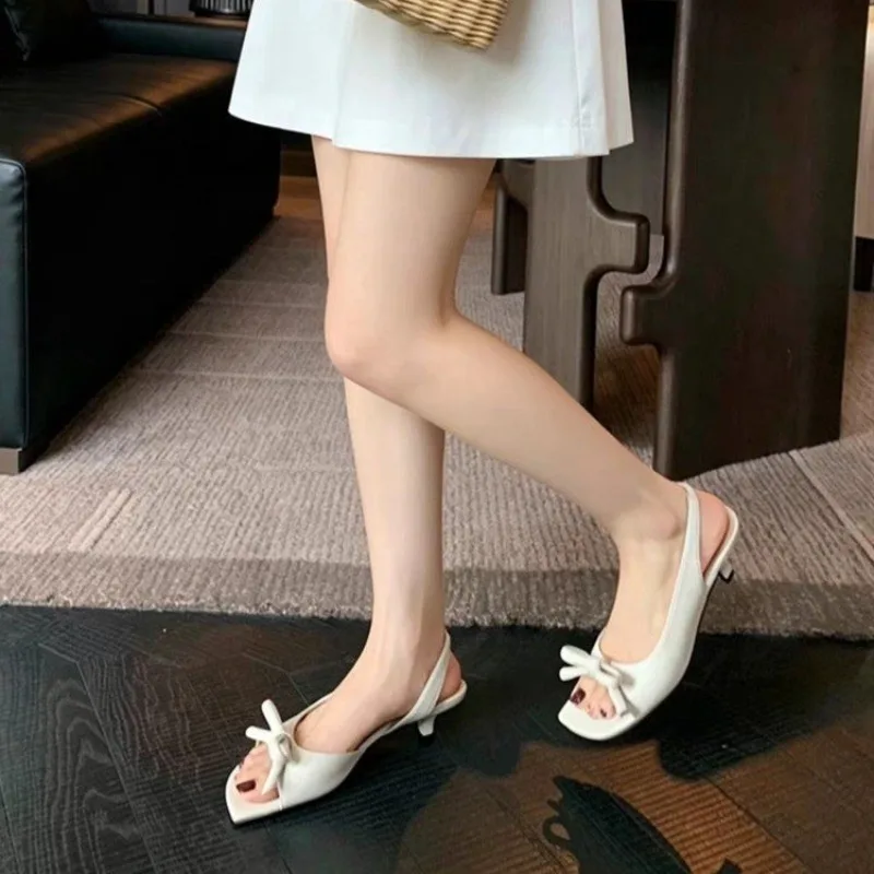 Women's French Heels Summer New BowTie Sandals Peep Toe Side Cutout Design Elegant One Strap High Heels Party&Wedding Shoes image 4