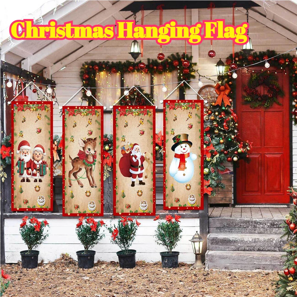 

Christmas Hanging Flag Vintage Christmas House Pull Flags Hanging Christmas Decorations 2024 for Home Party Welcome The New Year