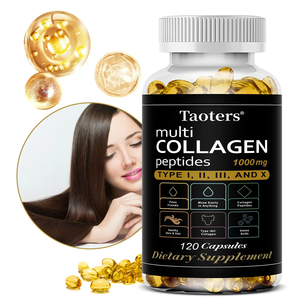 

Капсулы с коллагеновыми пептидами типов I, II, III, V, X и гиалуроновой кислотой, против старения, для упругости кожи, волос, ногтей, суставов, костей, здоровья кишечника и пищеварения.