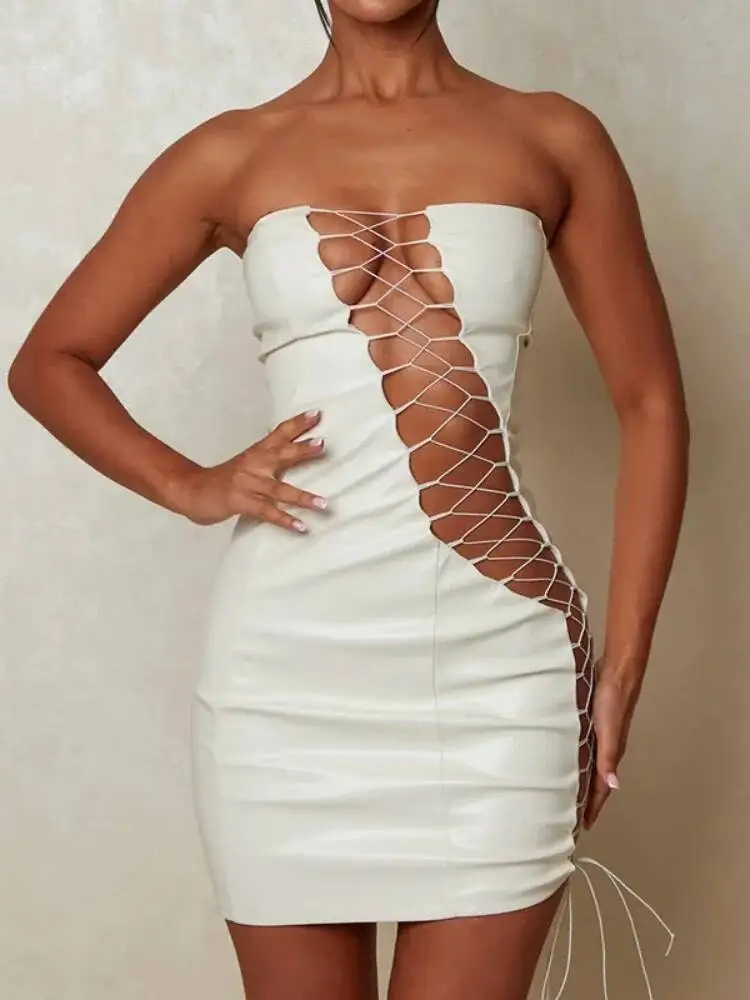 

PU Imitation Leather Cross Strap Hollow Out Slim Bodycon Dress Women Sleeveless Off Shoulder Mini Dress Evening Club Party