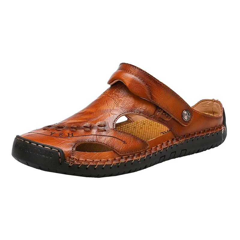 Baotou-Sandales en cuir véritable pour hommes, pantoufles d\'été pour hommes, confortables, tendance, à enfiler, sandales de trekking décontractées