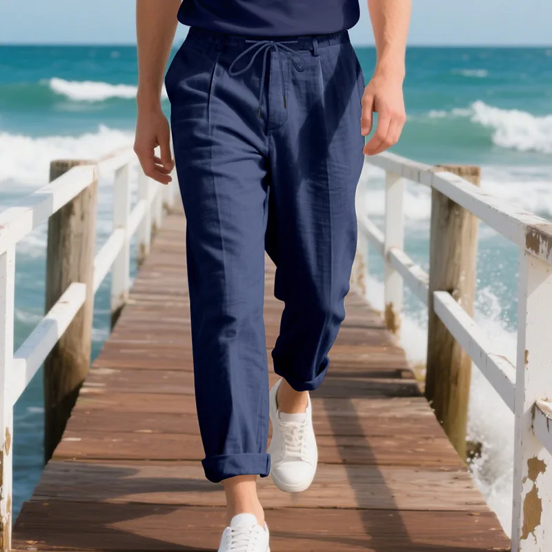 

Cotton Linen Men's Casual Pants Summer Loose Straight Leg Naples Style Wide-Leg Long Pants for Men