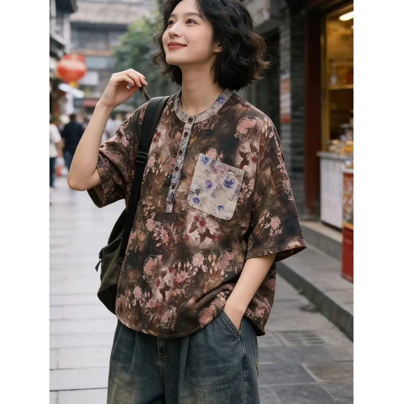 Masss Wasss British Design Vintage Classic Tops Ladies Summer Loose Fashion Floral Clothes Womens 2026 Leisure Luxury Tee Shirts