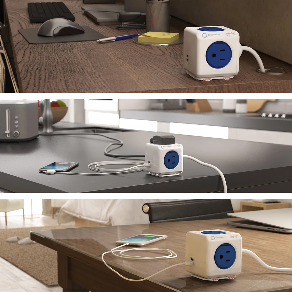 Portable Travel Cube Power Strip With 59.06inch Extension Cord, 2 Usb- Colorful And Versatile Outlet Types, Perfect Plug Adapter