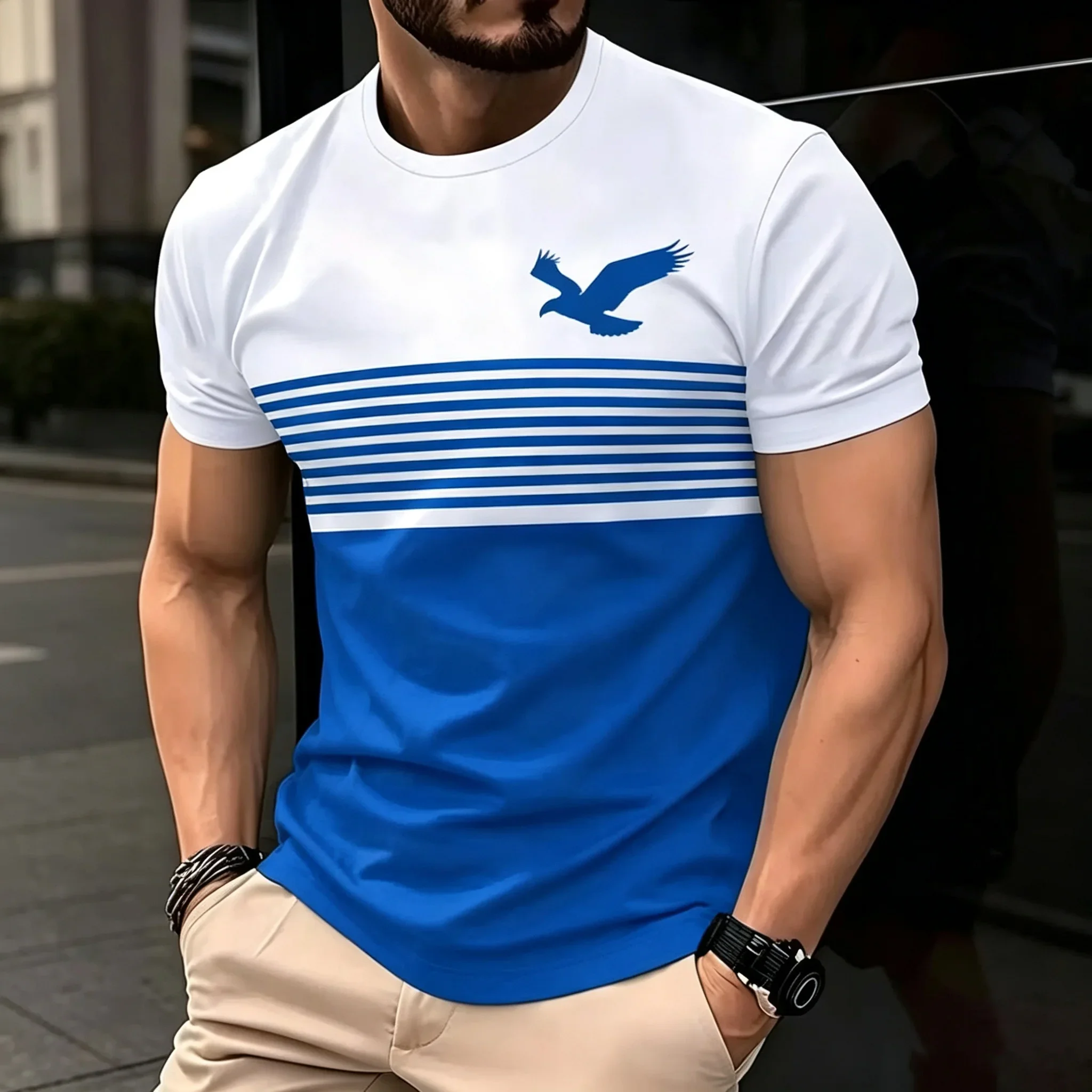 Fashion Men's 3D Eagle Print Color Block T-Shirt Classic Stripe Spliced Crew Neck Short Sleeve Slim Fit Daily Casual Tee Tops
