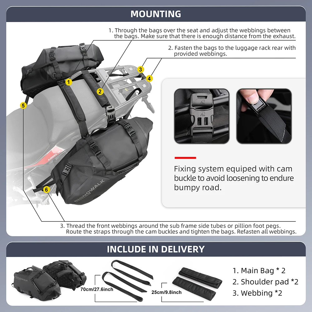 Rhinowalk Motorradtasche, 100 % wasserdicht, 18 l/28 l/48 l, großes Fassungsvermögen, 2 Stück, universelle Passform, Motorrad-Gepäcktasche, Sattel-Seitentaschen