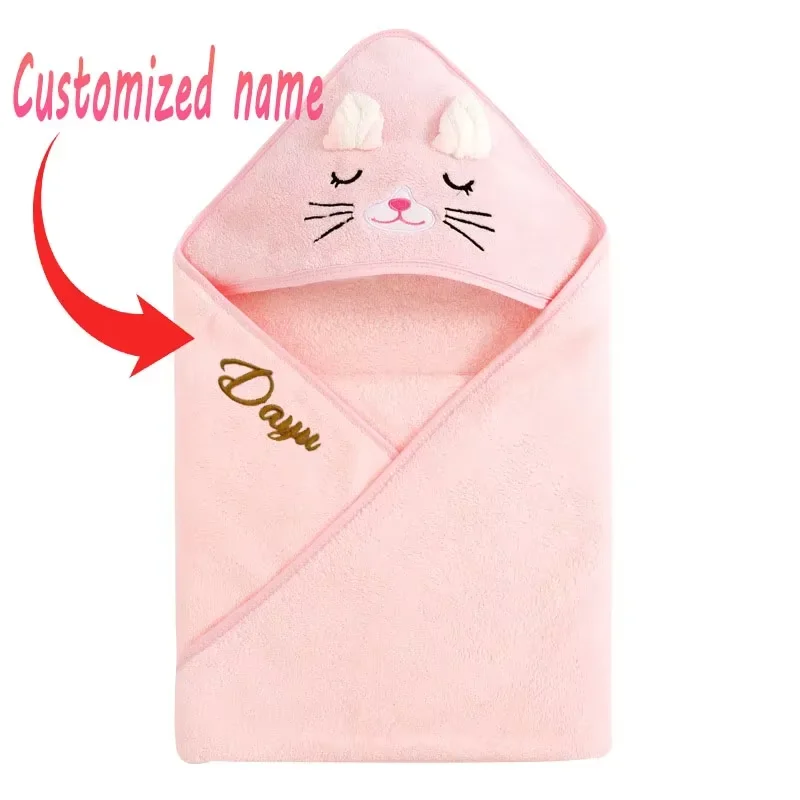 Personalized Name Baby Bath Towel Coral Fleece Toddler Bathrobe Swaddle Wrap Blanket Boys & Girls Birth Gift