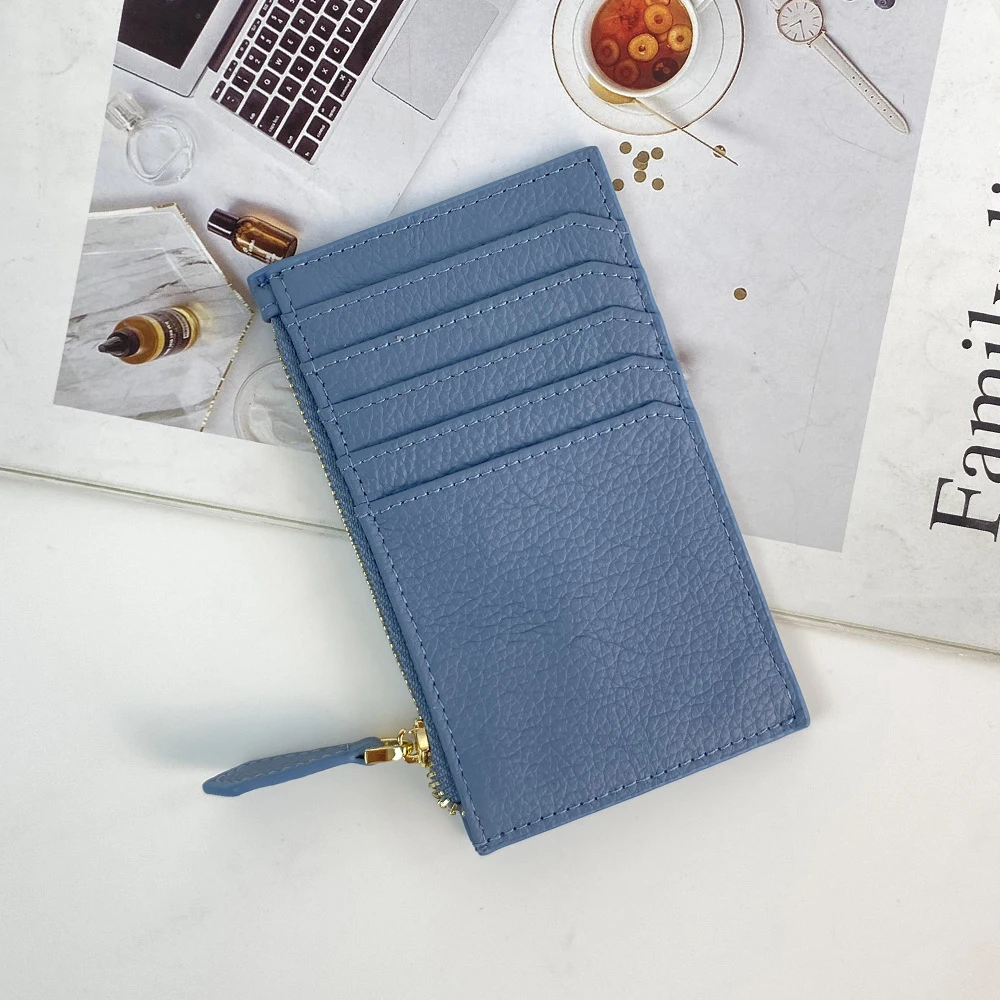 Customized name genuine leather simple multi-slot card case, portable top layer cowhide ID bag, soft leather zipper coin purse