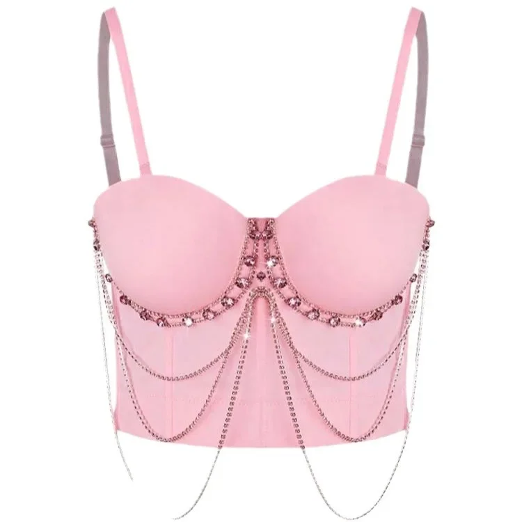 

Sexy Beading Chains Fishbone Bust Bra Inner Suspender Crystal Tassels Design Women Underwear Back Four Hook-and-eye Bralette