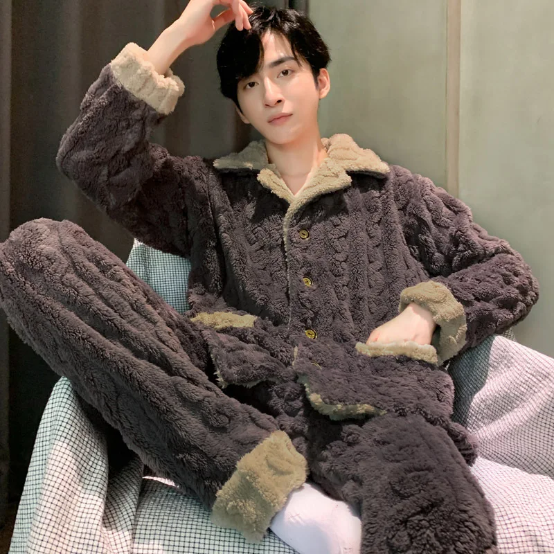 Men's Warm Autumn Winter Pajamas Set Homewear Long-sleeved Trousers Two-piece Set Thick High Quality Sleepwear Suit Home Clothes