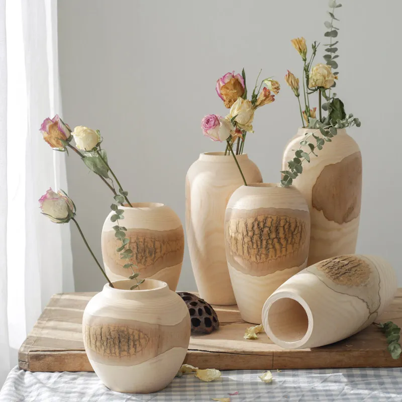 Zen Inspired Hospitality Display Flowers Photography Prop Minimalist Raw Wood Dried Flowers Container Nordic Home Decor Vase