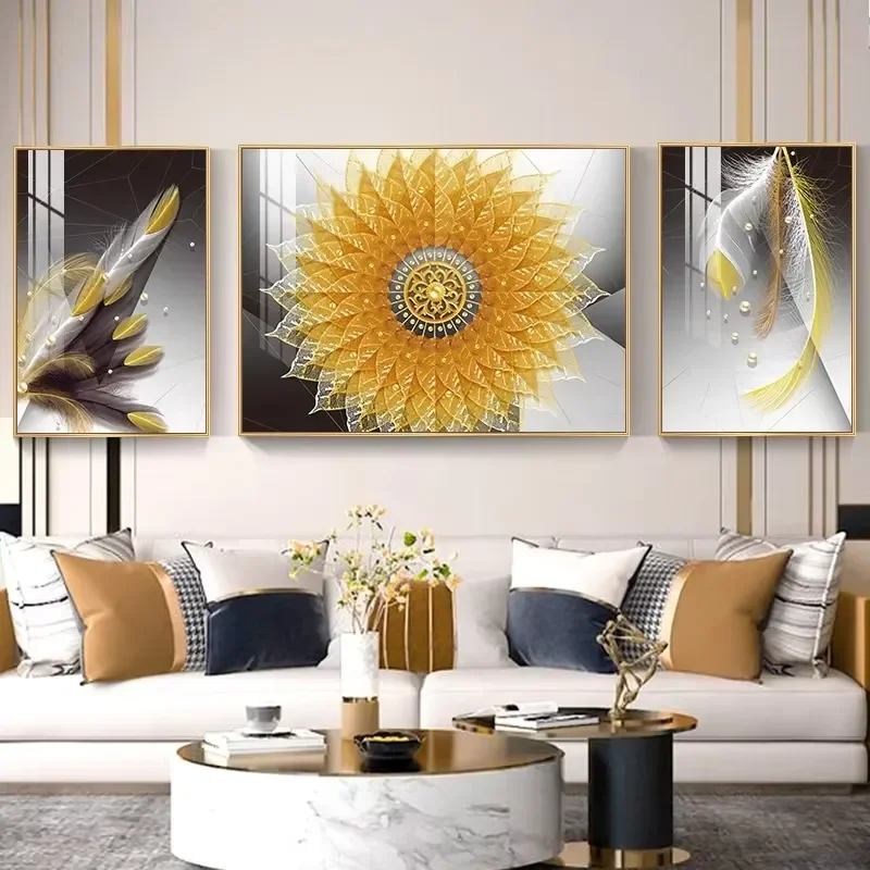 Conjunto de 3 Peças de Arte Abstrata em Cores Nórdicas para Decoração de Sala de Estar, Pintura em Porcelana com Cristais de Diamante