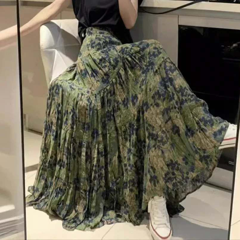 

Kawaii Bohemian Floral Maxi Skirt for Women Summer Retro Romantic Oil Painting Large Pendulum Pleated Skirt Holiday Beach Skirts