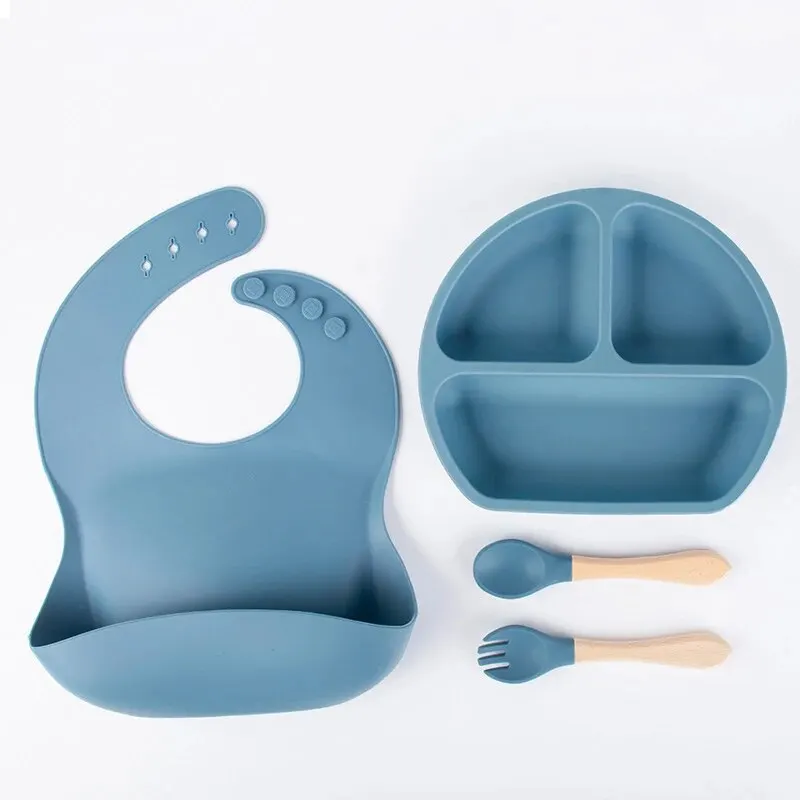 4PCS Silicone Children Tableware Baby Feeding Set Silicone Dinner Plate Wood Handle Spoon Fork Silicone Bibs BPA Free