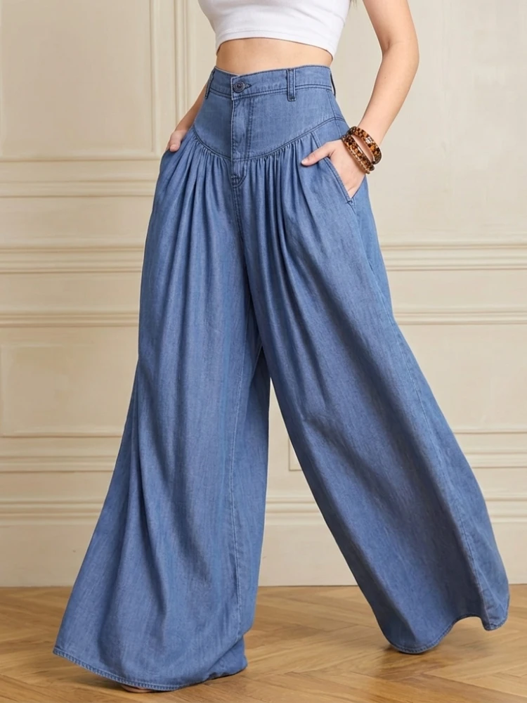 

2026 Summer Vintage Light Blue High Rise Pleated Wide Leg Jeans Loose Baggy Casual Trousers For Vacation And Summer Travel