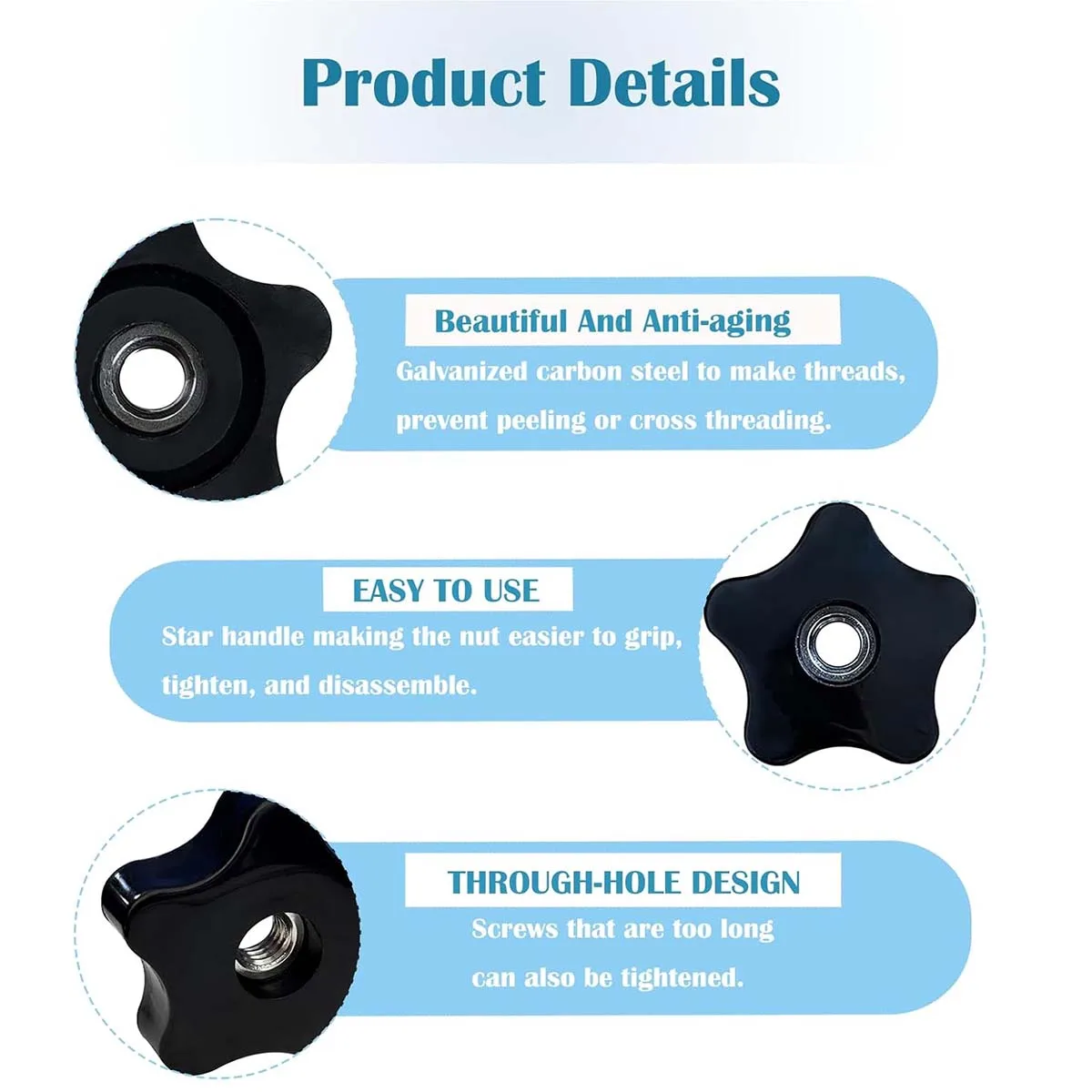 4 pernos de sujeción manuales con forma de estrella, de plástico negro, con rosca 3/8-16 y 5/16-18, para fijación a través de orificios