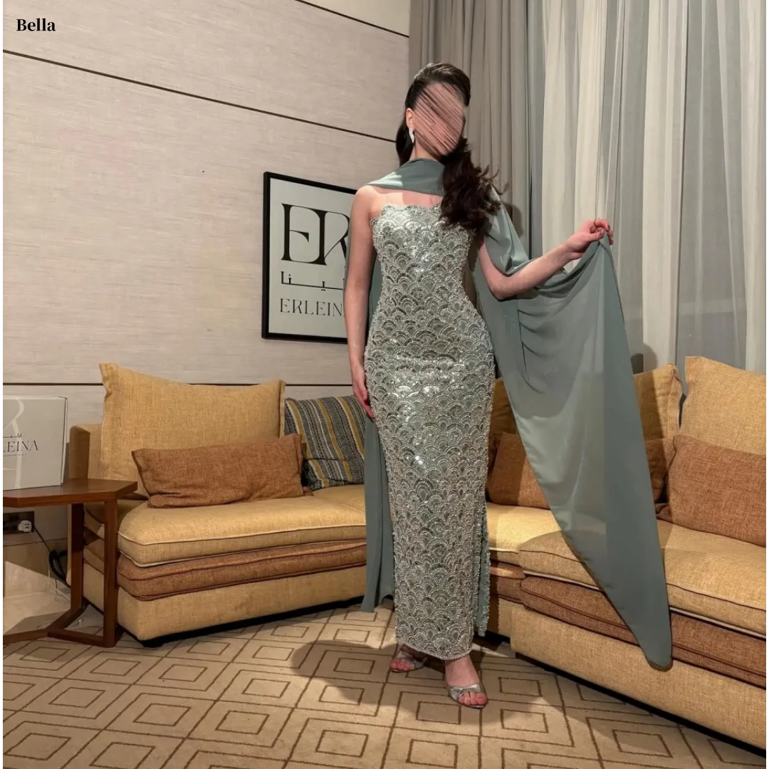 Bella Customized Sage Green Prom Dresses Sequin Beaded Mermaid vestidos de noche Strapless with Chiffon Cape Formal  Evening