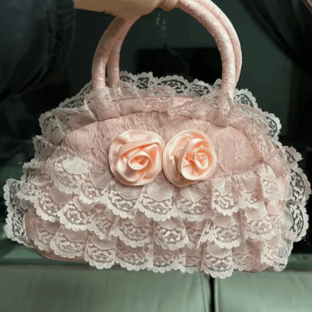 Polyester Material Ruffled Lace Handbag 3D Fabric Rose Multilayer Lolita Bag Zipper Closure Dome Top Handle Small Tote Bag view 5