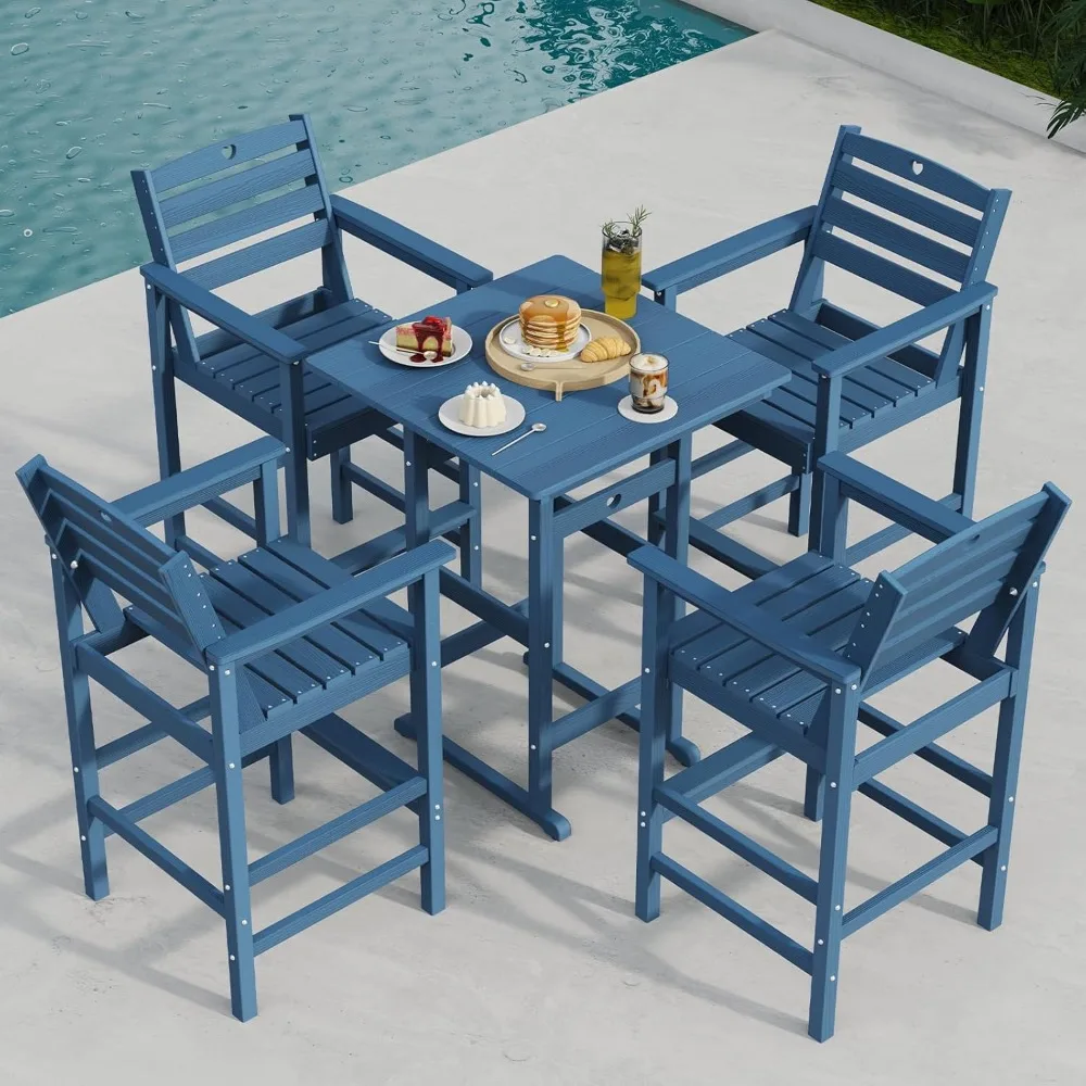 

5-Piece Bar Height Outdoor Table and Chairs Set, HDPE Wood Grain Patio Bar Table and Chairs with Heart Cutout Design, Weather-Re