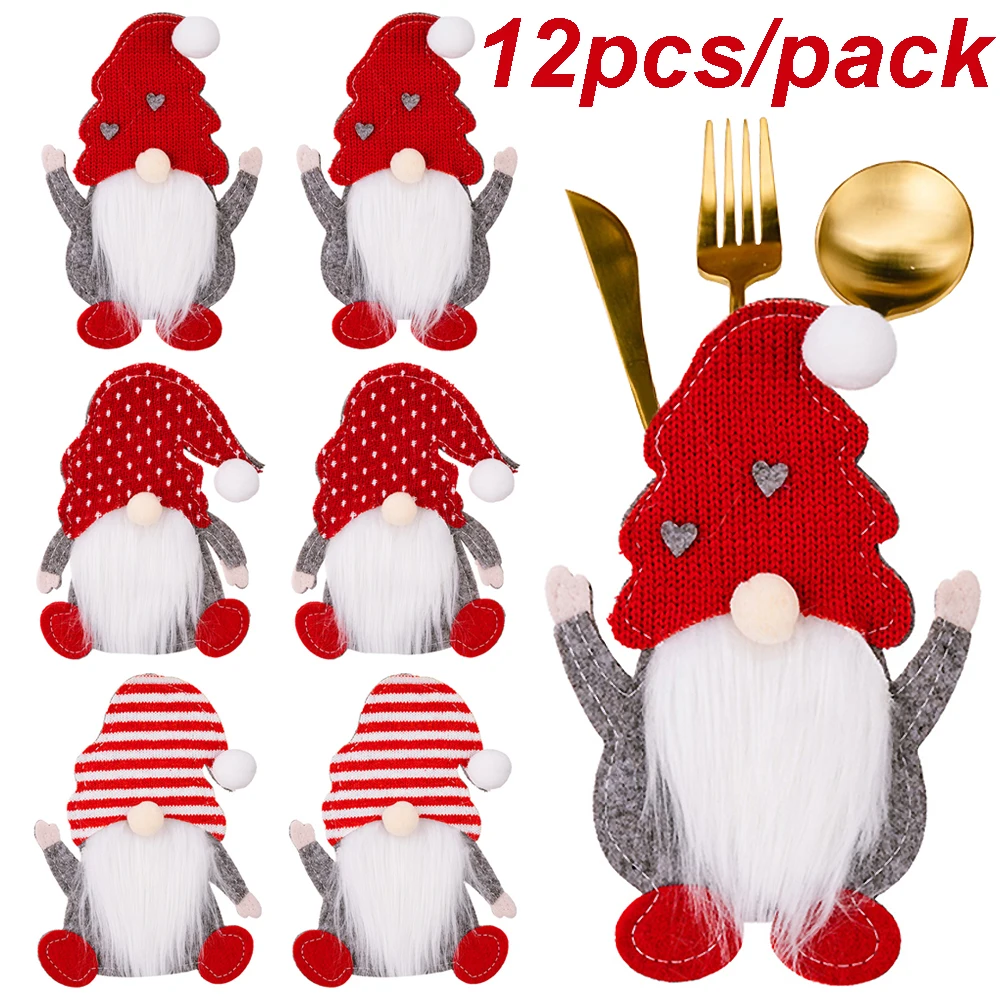 

12/2Pcs Christmas Cutlery Holder Gnome Santa Knife Fork Storage Pocket Bag for Home Christmas NewYear Party Xmas Tableware Decor
