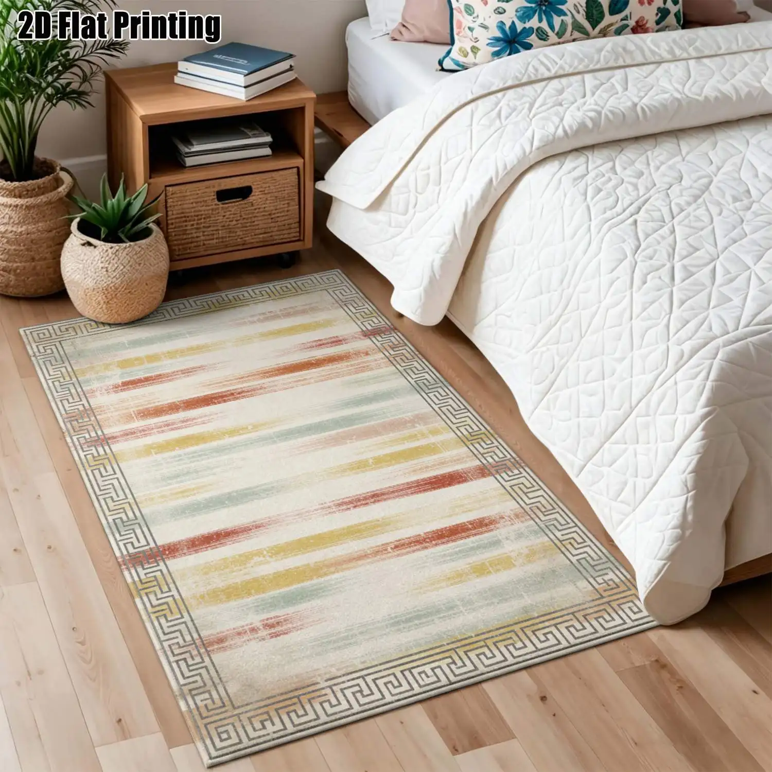 1Pc 2D Printed Retro Red Yellow Green Striped Geometric Carpet, European Style, Machine Washable, Multi-Size, for Living Room Bedroom Dining Room Entrance Foyer Home Decor