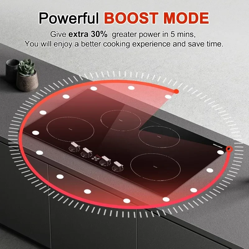 30 inch Induction Cooktop Built-in Electric Induction Stovetop 4 Burners,Boost/Bridge Mode/10 Power Levels/Timer/Safety Lock