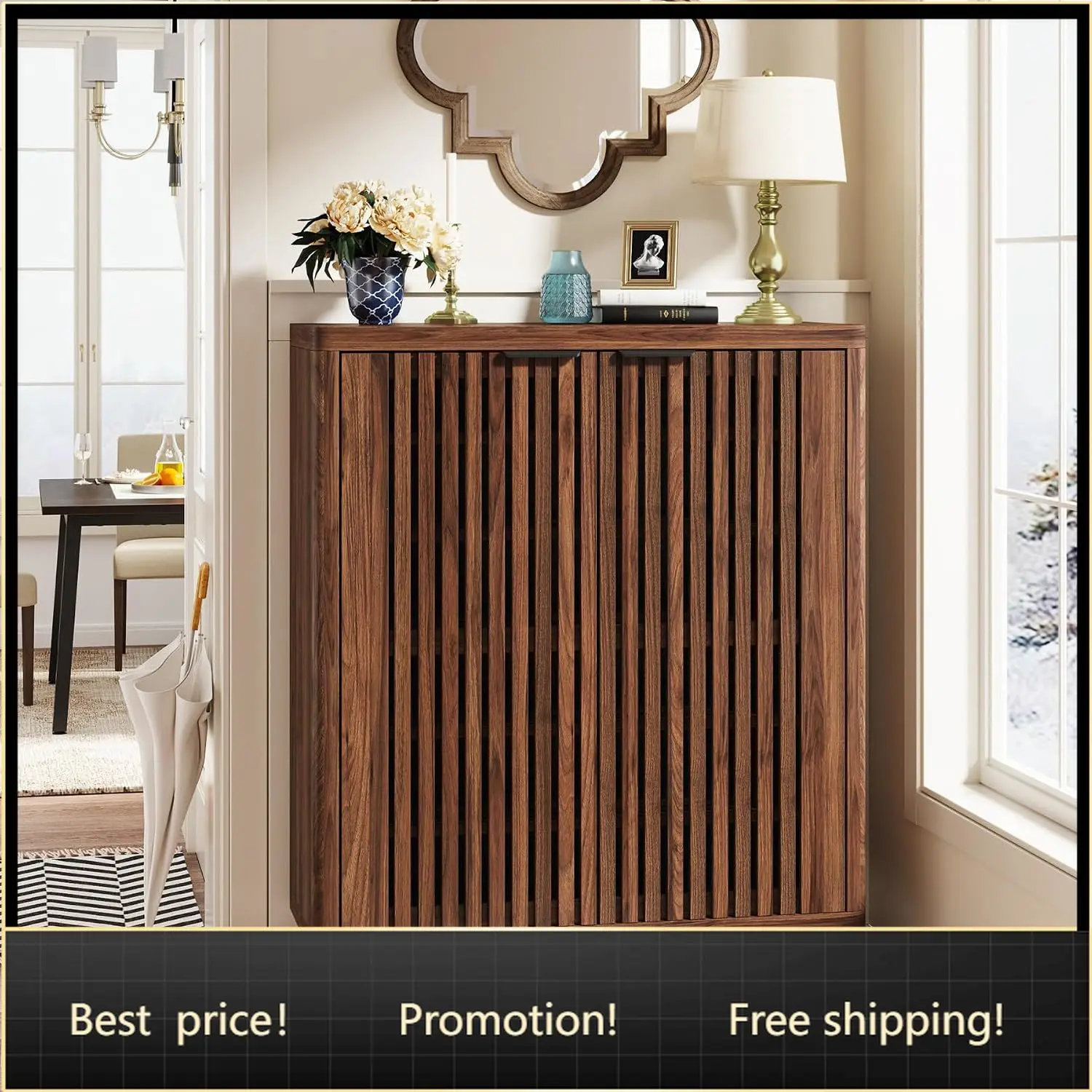 6-Tier Shoe Cabinet with Shutter Doors, Large Wooden Shoe Organizer Rack with Adjustable Shelves, Modern Farmhouse Hidden